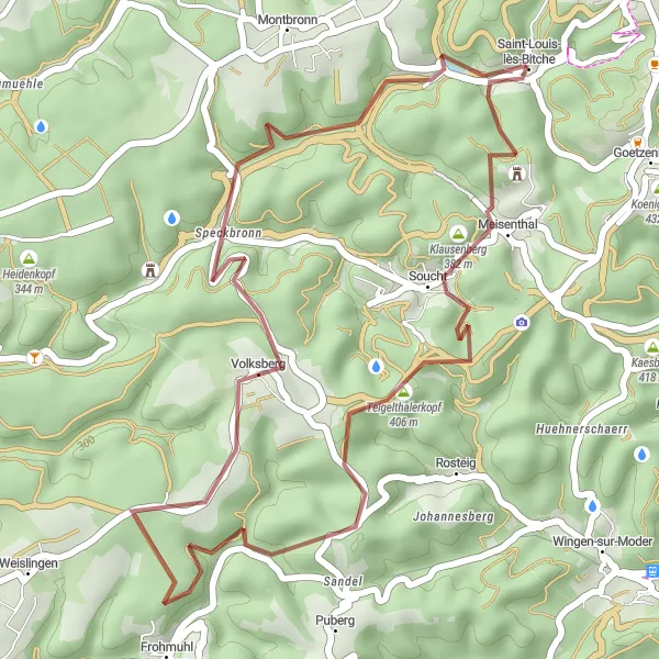 Miniature de la carte de l'inspiration cycliste "Balade à vélo relaxante près de Goetzenbruck" dans la Lorraine, France. Générée par le planificateur d'itinéraire cycliste Tarmacs.app