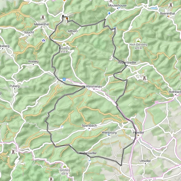 Map miniature of "The Road Explorer" cycling inspiration in Lorraine, France. Generated by Tarmacs.app cycling route planner