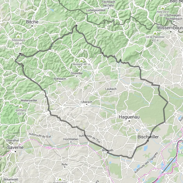 Miniature de la carte de l'inspiration cycliste "Tour découverte du Lorraine à vélo" dans la Lorraine, France. Générée par le planificateur d'itinéraire cycliste Tarmacs.app