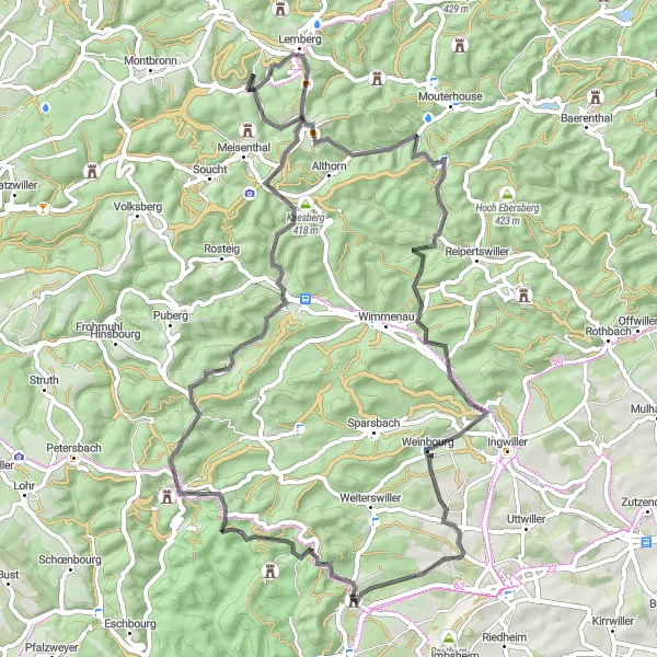 Map miniature of "Hilltop Exploration" cycling inspiration in Lorraine, France. Generated by Tarmacs.app cycling route planner