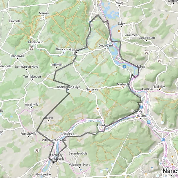Miniature de la carte de l'inspiration cycliste "Boucle des Vallons de Lorraine" dans la Lorraine, France. Générée par le planificateur d'itinéraire cycliste Tarmacs.app