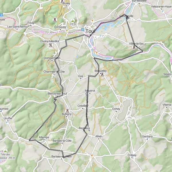 Miniature de la carte de l'inspiration cycliste "Circuit de la Meurthe entre Pierre-la-Treiche et Toul en route" dans la Lorraine, France. Générée par le planificateur d'itinéraire cycliste Tarmacs.app