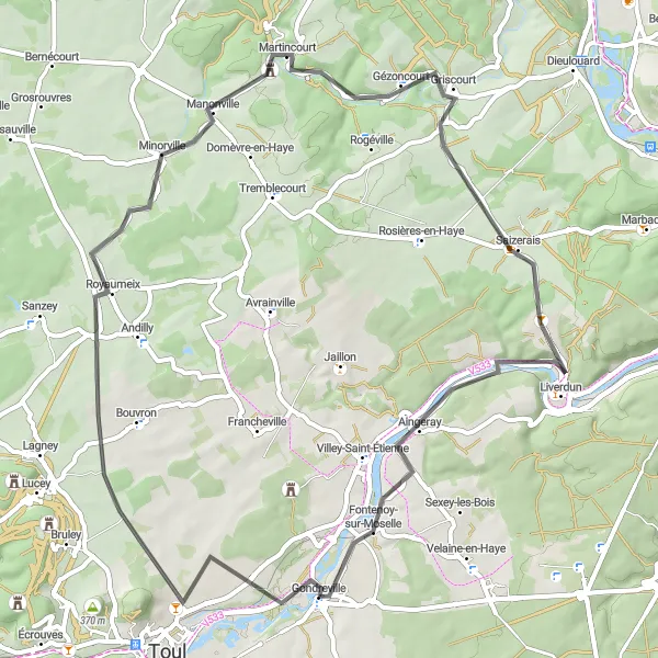 Miniature de la carte de l'inspiration cycliste "Tour des Villages du Toulois" dans la Lorraine, France. Générée par le planificateur d'itinéraire cycliste Tarmacs.app