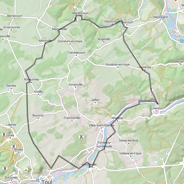 Map miniature of "Cité Saint-Michel and Liverdun Road Cycling Adventure" cycling inspiration in Lorraine, France. Generated by Tarmacs.app cycling route planner