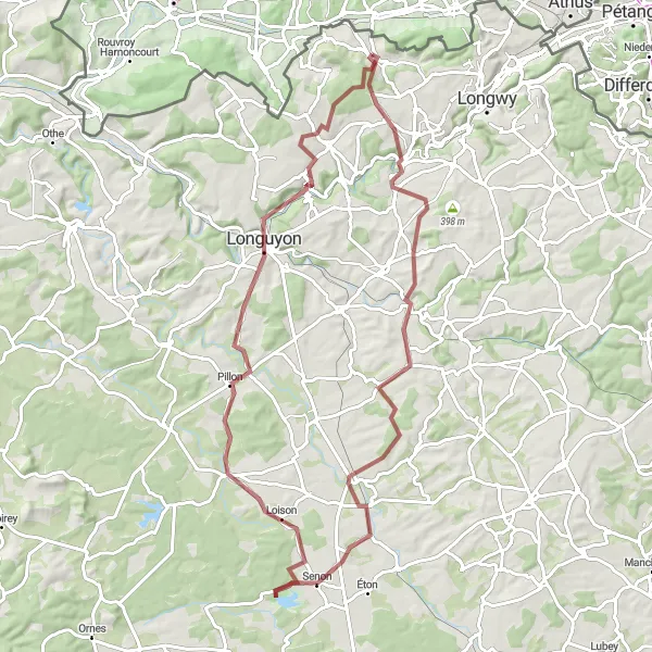 Miniature de la carte de l'inspiration cycliste "La boucle de gravier pittoresque" dans la Lorraine, France. Générée par le planificateur d'itinéraire cycliste Tarmacs.app