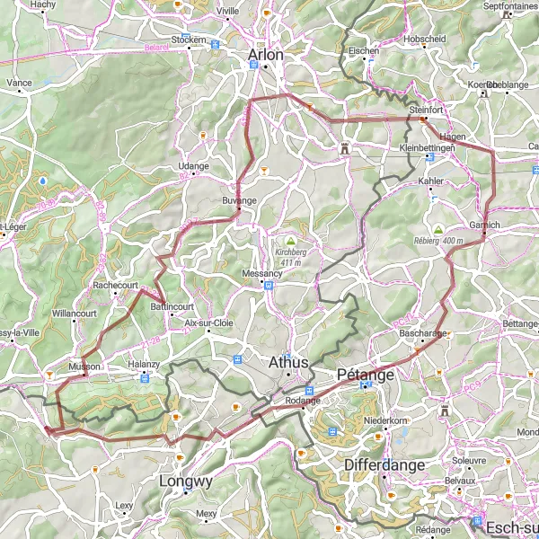 Miniature de la carte de l'inspiration cycliste "La boucle de gravier vers Gorcy" dans la Lorraine, France. Générée par le planificateur d'itinéraire cycliste Tarmacs.app