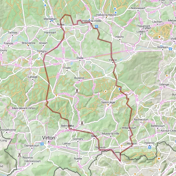 Map miniature of "Discover the Gravel Roads of Gorcy" cycling inspiration in Lorraine, France. Generated by Tarmacs.app cycling route planner