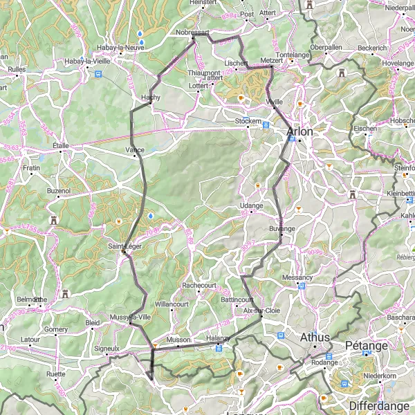 Map miniature of "Castles and Countryside" cycling inspiration in Lorraine, France. Generated by Tarmacs.app cycling route planner