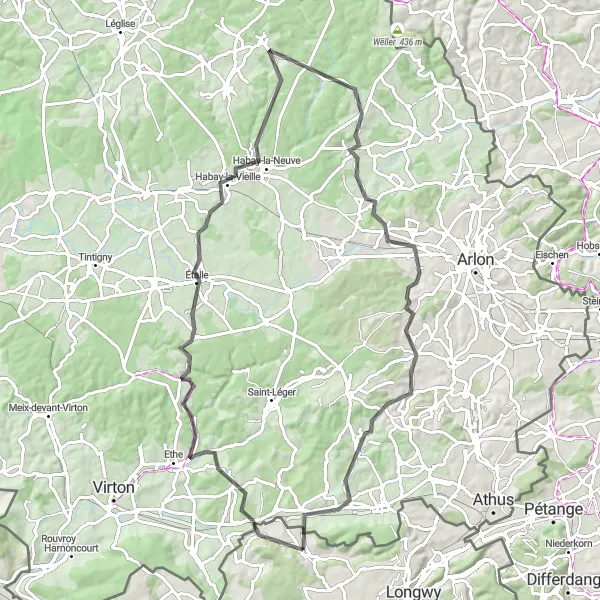 Map miniature of "The Delights of Gorcy" cycling inspiration in Lorraine, France. Generated by Tarmacs.app cycling route planner