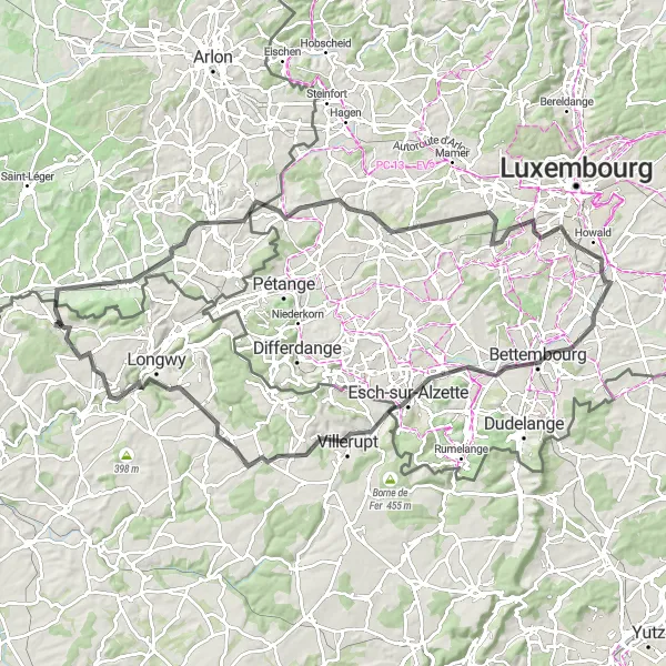 Miniature de la carte de l'inspiration cycliste "La boucle routière vers Gorcy" dans la Lorraine, France. Générée par le planificateur d'itinéraire cycliste Tarmacs.app