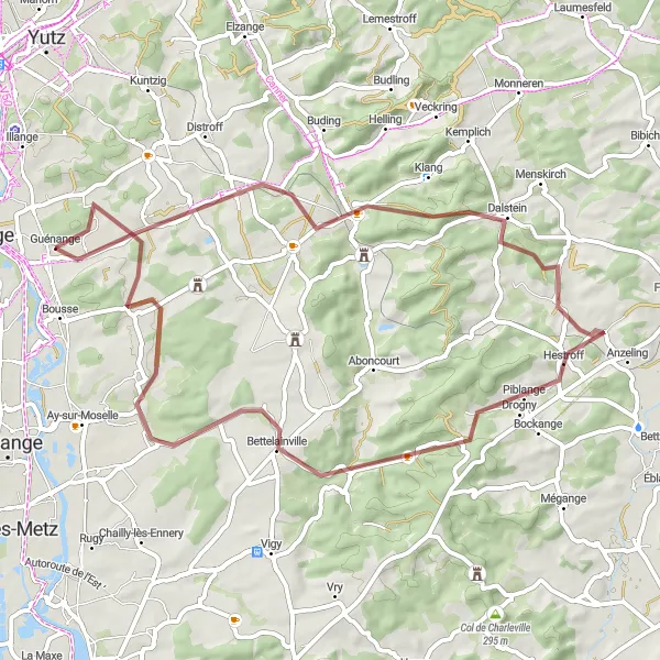 Map miniature of "Metzervisse to Rurange-lès-Thionville Gravel Route" cycling inspiration in Lorraine, France. Generated by Tarmacs.app cycling route planner