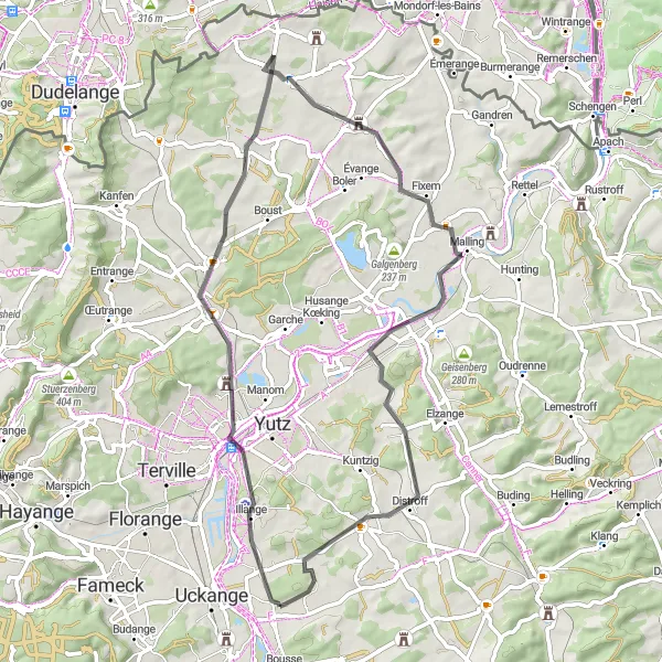 Map miniature of "Hettange-Grande to Guénange" cycling inspiration in Lorraine, France. Generated by Tarmacs.app cycling route planner