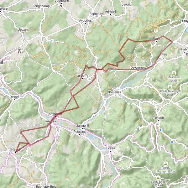 Miniature de la carte de l'inspiration cycliste "Les Chemins de Gravel des Vosges" dans la Lorraine, France. Générée par le planificateur d'itinéraire cycliste Tarmacs.app
