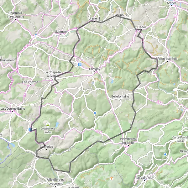 Miniature de la carte de l'inspiration cycliste "Le défi de la Chapelle-aux-Bois" dans la Lorraine, France. Générée par le planificateur d'itinéraire cycliste Tarmacs.app
