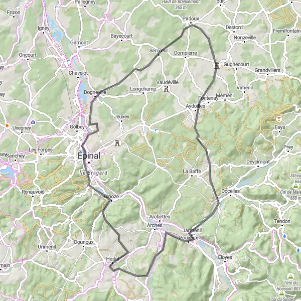 Map miniature of "Épinal Escape" cycling inspiration in Lorraine, France. Generated by Tarmacs.app cycling route planner
