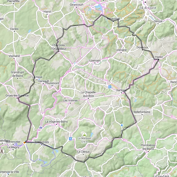 Map miniature of "The Ultimate Challenge: From Hadol to Dounoux" cycling inspiration in Lorraine, France. Generated by Tarmacs.app cycling route planner