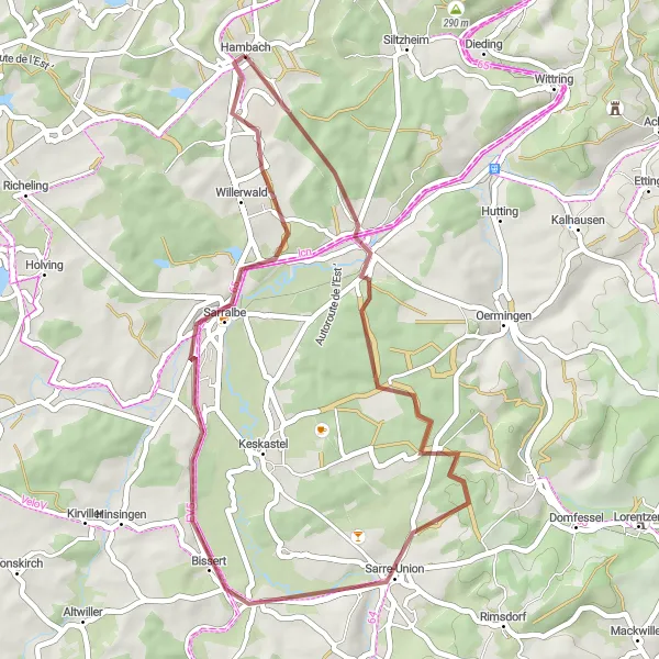 Miniature de la carte de l'inspiration cycliste "Boucle Sarre-Uinon" dans la Lorraine, France. Générée par le planificateur d'itinéraire cycliste Tarmacs.app