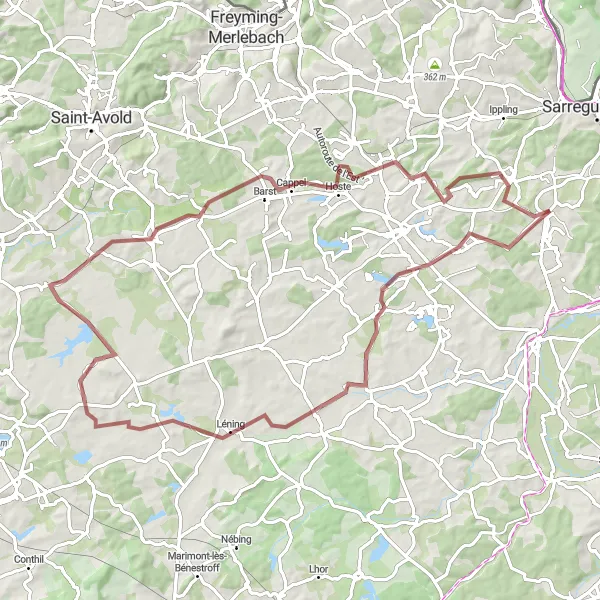 Map miniature of "The Gravel Beauty" cycling inspiration in Lorraine, France. Generated by Tarmacs.app cycling route planner