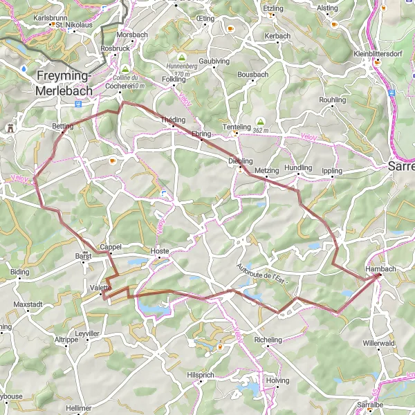 Map miniature of "Hambach Gravel Adventure" cycling inspiration in Lorraine, France. Generated by Tarmacs.app cycling route planner