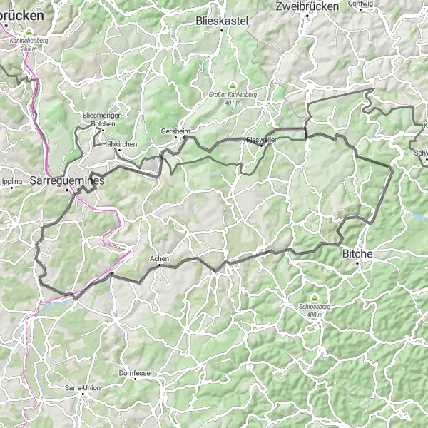 Map miniature of "Hills and Valleys" cycling inspiration in Lorraine, France. Generated by Tarmacs.app cycling route planner
