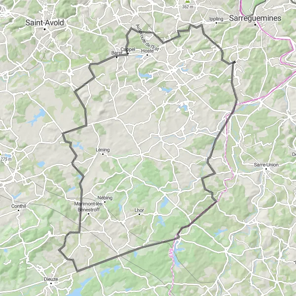 Map miniature of "The Long and Scenic Road" cycling inspiration in Lorraine, France. Generated by Tarmacs.app cycling route planner