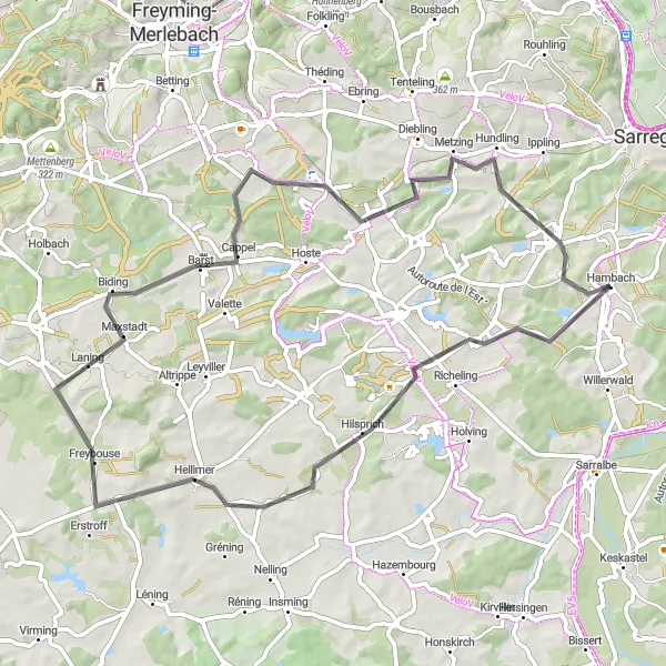 Map miniature of "Hambach Countryside Delight" cycling inspiration in Lorraine, France. Generated by Tarmacs.app cycling route planner