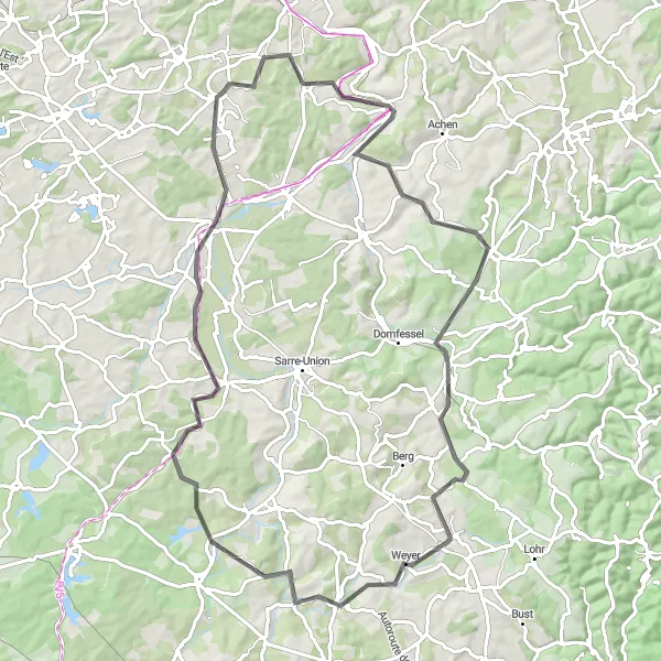 Miniature de la carte de l'inspiration cycliste "Boucle cycliste autour de Hambach (Lorraine, France)" dans la Lorraine, France. Générée par le planificateur d'itinéraire cycliste Tarmacs.app