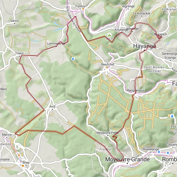Miniature de la carte de l'inspiration cycliste "Parcours gravel à travers Knutange" dans la Lorraine, France. Générée par le planificateur d'itinéraire cycliste Tarmacs.app