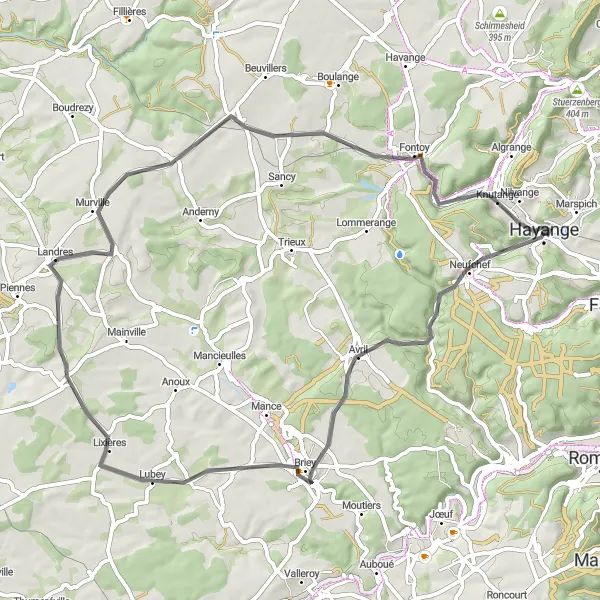 Miniature de la carte de l'inspiration cycliste "Traversée du Pays-Haut" dans la Lorraine, France. Générée par le planificateur d'itinéraire cycliste Tarmacs.app
