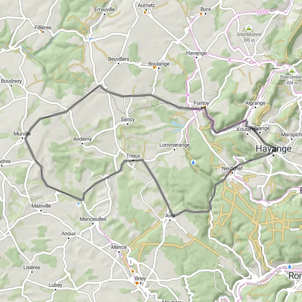 Miniature de la carte de l'inspiration cycliste "Parcours routier entre Hayange et Fontoy" dans la Lorraine, France. Générée par le planificateur d'itinéraire cycliste Tarmacs.app