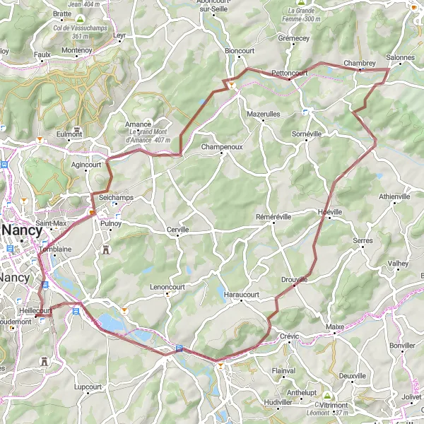 Miniature de la carte de l'inspiration cycliste "Parcours en gravel à travers la campagne lorraine" dans la Lorraine, France. Générée par le planificateur d'itinéraire cycliste Tarmacs.app