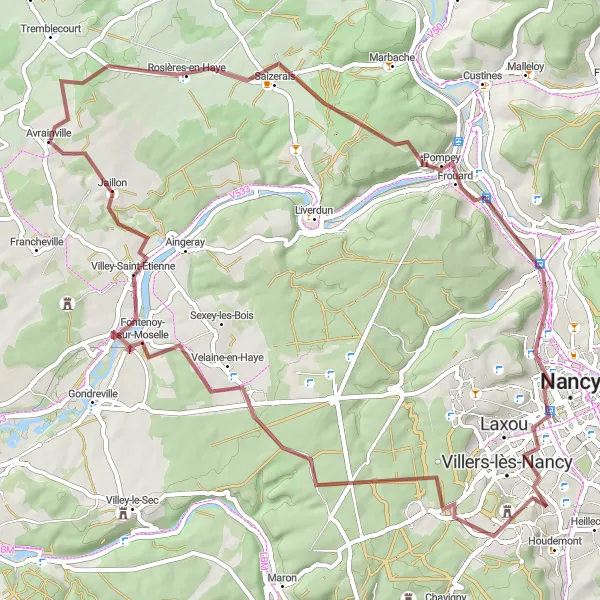 Miniature de la carte de l'inspiration cycliste "Route des Châteaux" dans la Lorraine, France. Générée par le planificateur d'itinéraire cycliste Tarmacs.app