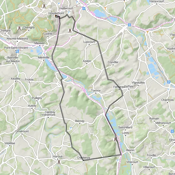 Miniature de la carte de l'inspiration cycliste "Les Collines de Lorraine" dans la Lorraine, France. Générée par le planificateur d'itinéraire cycliste Tarmacs.app