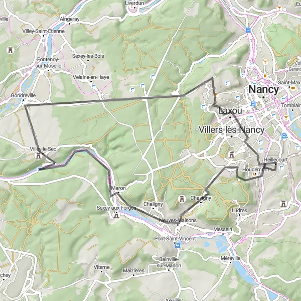 Miniature de la carte de l'inspiration cycliste "Au Fil de l'Eau" dans la Lorraine, France. Générée par le planificateur d'itinéraire cycliste Tarmacs.app