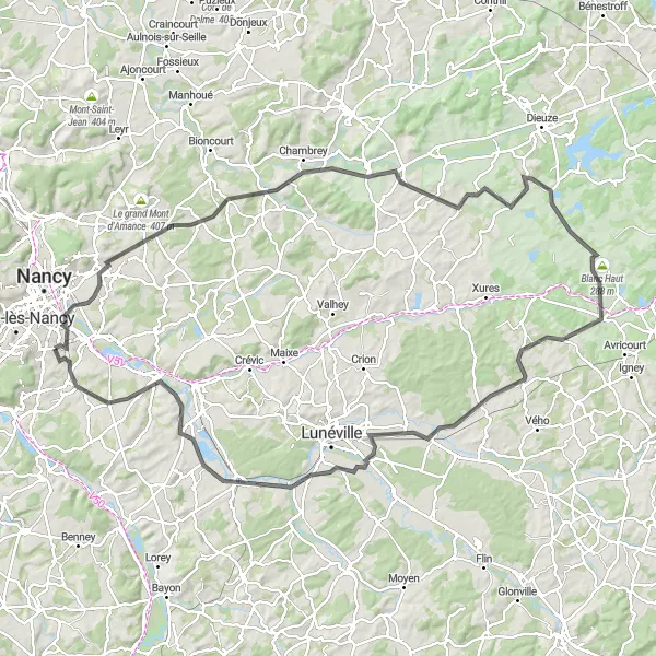 Miniature de la carte de l'inspiration cycliste "La Boucle des Bois" dans la Lorraine, France. Générée par le planificateur d'itinéraire cycliste Tarmacs.app