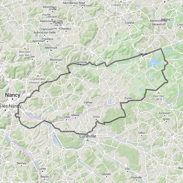 Map miniature of "Long and Challenging Road Cycling Route" cycling inspiration in Lorraine, France. Generated by Tarmacs.app cycling route planner