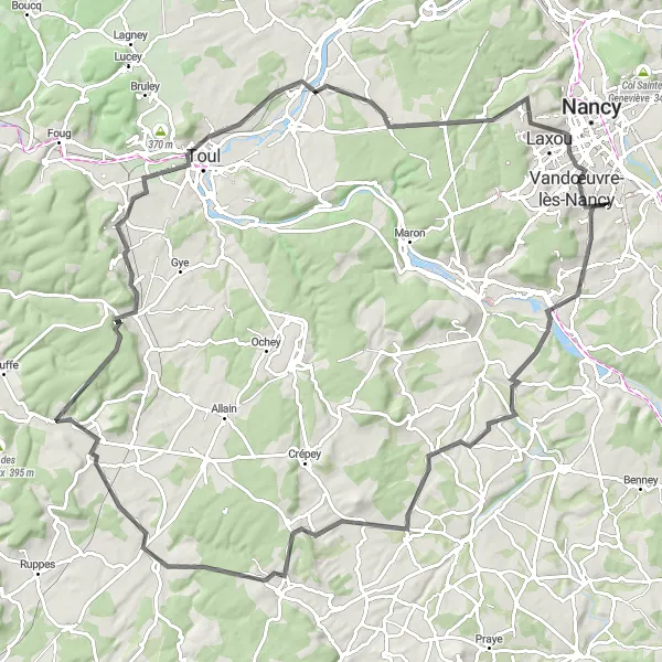 Miniature de la carte de l'inspiration cycliste "Tour des Châteaux de Lorraine" dans la Lorraine, France. Générée par le planificateur d'itinéraire cycliste Tarmacs.app