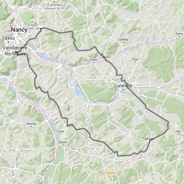 Miniature de la carte de l'inspiration cycliste "Randonnée des Vallées de Nancy" dans la Lorraine, France. Générée par le planificateur d'itinéraire cycliste Tarmacs.app