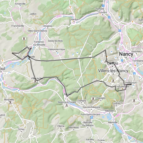 Miniature de la carte de l'inspiration cycliste "Itinéraire du Château" dans la Lorraine, France. Générée par le planificateur d'itinéraire cycliste Tarmacs.app