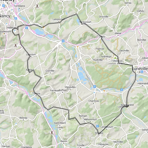 Miniature de la carte de l'inspiration cycliste "Escapade champêtre de Nancy" dans la Lorraine, France. Générée par le planificateur d'itinéraire cycliste Tarmacs.app