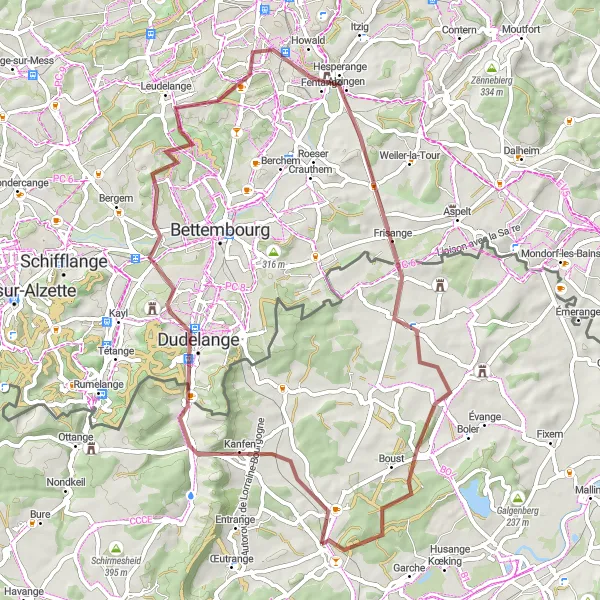 Miniature de la carte de l'inspiration cycliste "Boucle Volmerange-les-Mines - Basse-Rentgen" dans la Lorraine, France. Générée par le planificateur d'itinéraire cycliste Tarmacs.app
