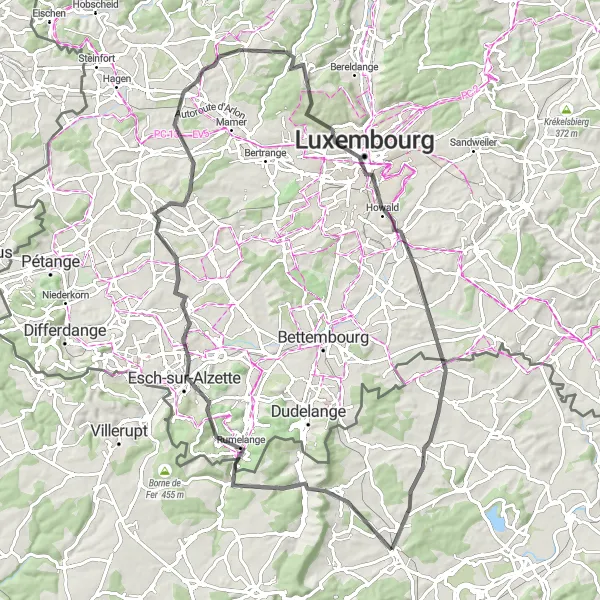 Miniature de la carte de l'inspiration cycliste "Parcours vers Luxembourg et Roussy-le-Village" dans la Lorraine, France. Générée par le planificateur d'itinéraire cycliste Tarmacs.app