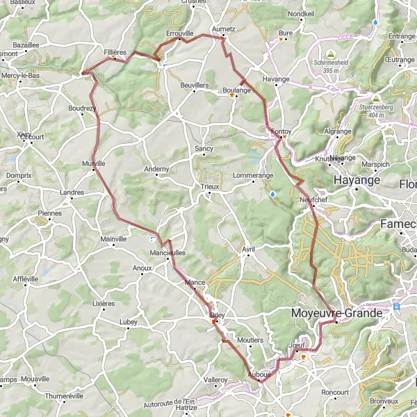 Miniature de la carte de l'inspiration cycliste "Parcours Auboué-Moyeuvre-Grande" dans la Lorraine, France. Générée par le planificateur d'itinéraire cycliste Tarmacs.app