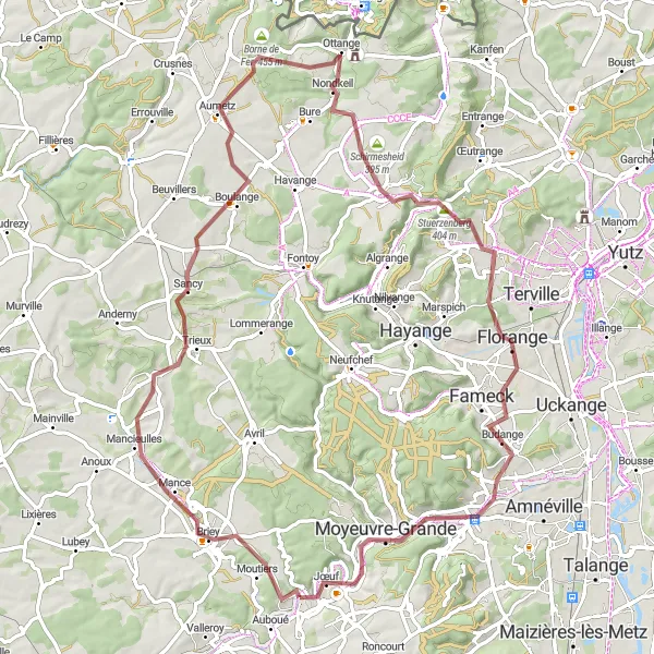 Miniature de la carte de l'inspiration cycliste "La boucle de Briey en gravel" dans la Lorraine, France. Générée par le planificateur d'itinéraire cycliste Tarmacs.app