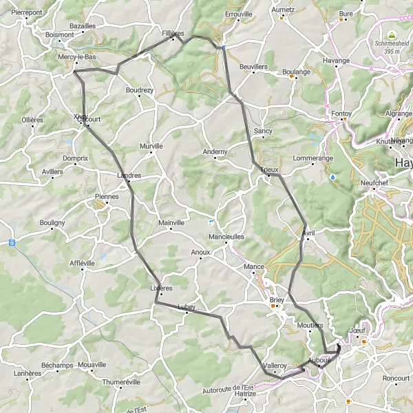 Miniature de la carte de l'inspiration cycliste "Boucle des Baroches" dans la Lorraine, France. Générée par le planificateur d'itinéraire cycliste Tarmacs.app