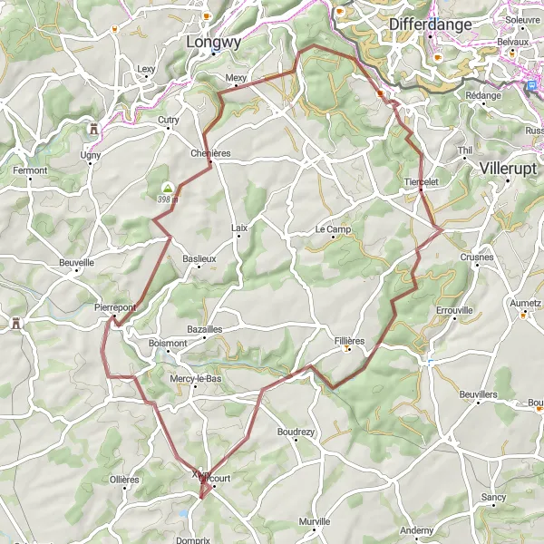 Map miniature of "Gravel Adventure in the Surrounding Countryside" cycling inspiration in Lorraine, France. Generated by Tarmacs.app cycling route planner