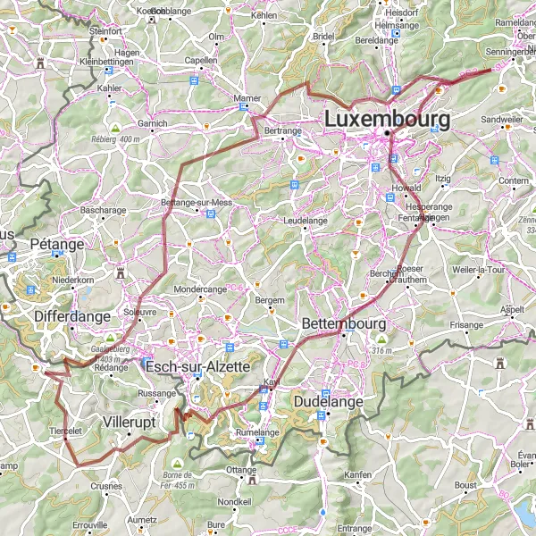 Map miniature of "Deep Dive into Bettembourg" cycling inspiration in Lorraine, France. Generated by Tarmacs.app cycling route planner