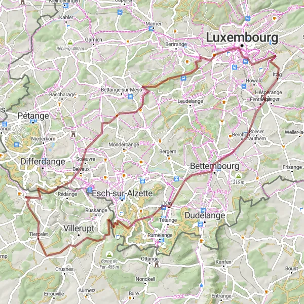 Map miniature of "Gravel Excursion to Luxembourg and More" cycling inspiration in Lorraine, France. Generated by Tarmacs.app cycling route planner