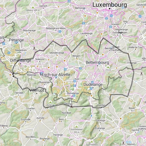 Map miniature of "The Lorraine Loop" cycling inspiration in Lorraine, France. Generated by Tarmacs.app cycling route planner