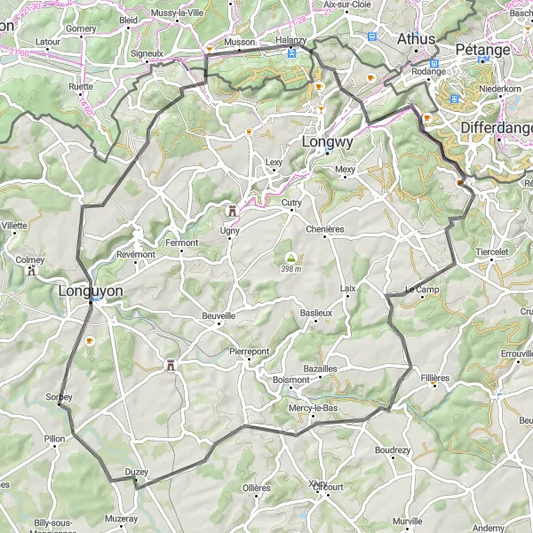 Map miniature of "The Rural Escape" cycling inspiration in Lorraine, France. Generated by Tarmacs.app cycling route planner